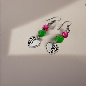 Brighton Silver Heart Earrings with Pink and Green Beads